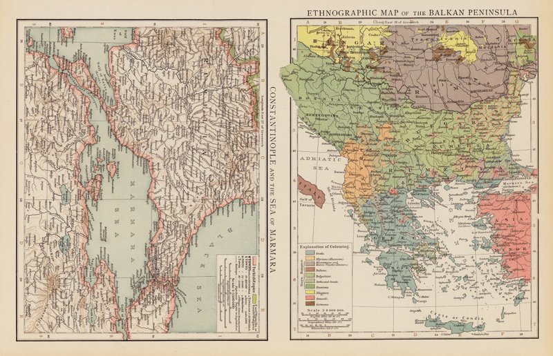 Konstantinopel und das Marmarameer; Ethnographische Karte der Balkanhalbinsel von English School