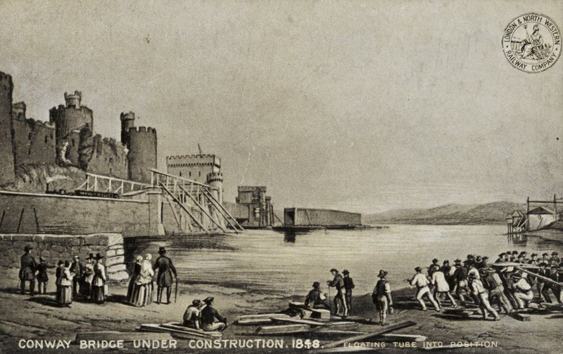 Conway-Brücke im Bau, 1848 von English School