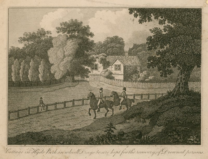 Hütte im Hyde Park, in der Drogen usw. zur Wiederbelebung von Ertrunkenen aufbewahrt werden von English School