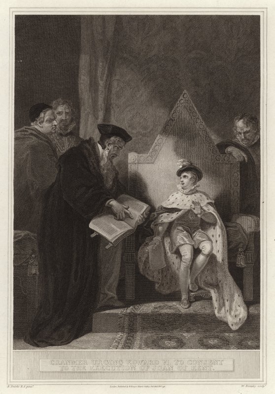 Cranmer drängt Eduard VI, der Hinrichtung von Joan of Kent zuzustimmen von English School