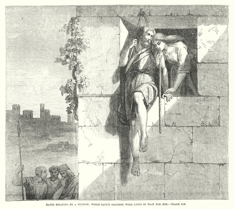 David entkommt durch ein Fenster, während Sauls Soldaten auf ihn lauern, Psalm LIX (Gravur) von English School