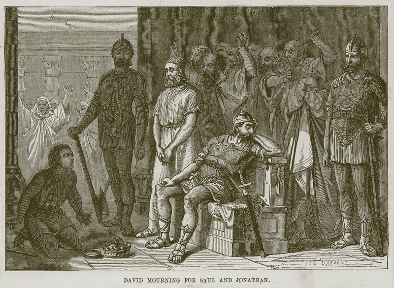 David trauert um Saul und Jonathan, Illustration aus der Kinderbibel, ca. 1880 von English School