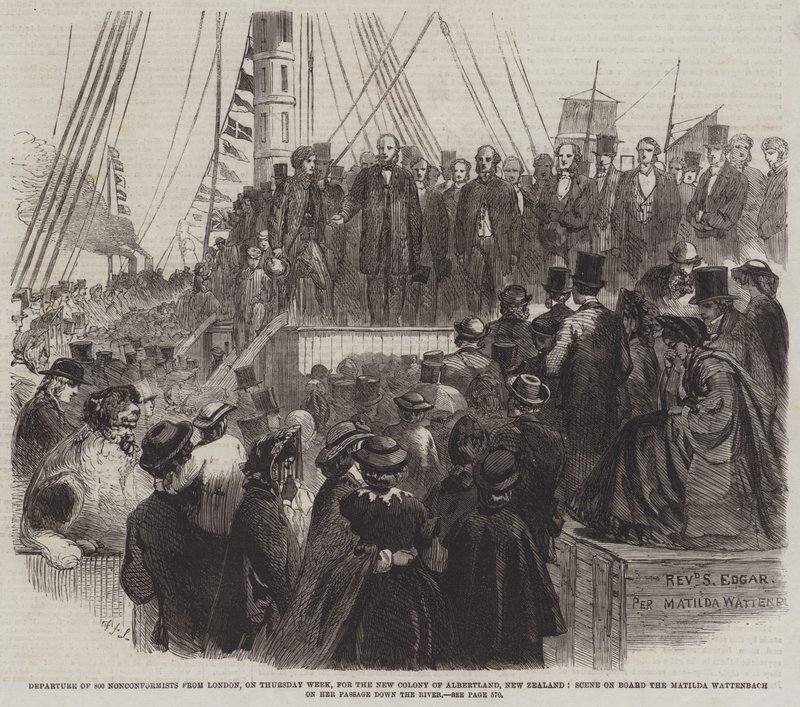 Abreise von 800 Nonkonformisten aus London nach der neuen Kolonie Albertland, Neuseeland, Szene an Bord der Matilda Wattenbach auf ihrer Fahrt den Fluss hinunter (Gravur) von English School