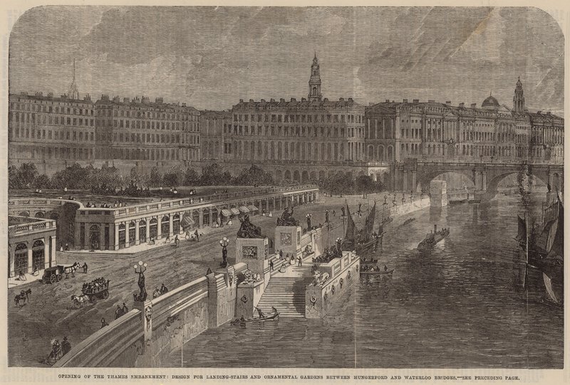 Entwurf für Landungstreppen und Ziergärten zwischen Hungerford und Waterloo Bridges von English School