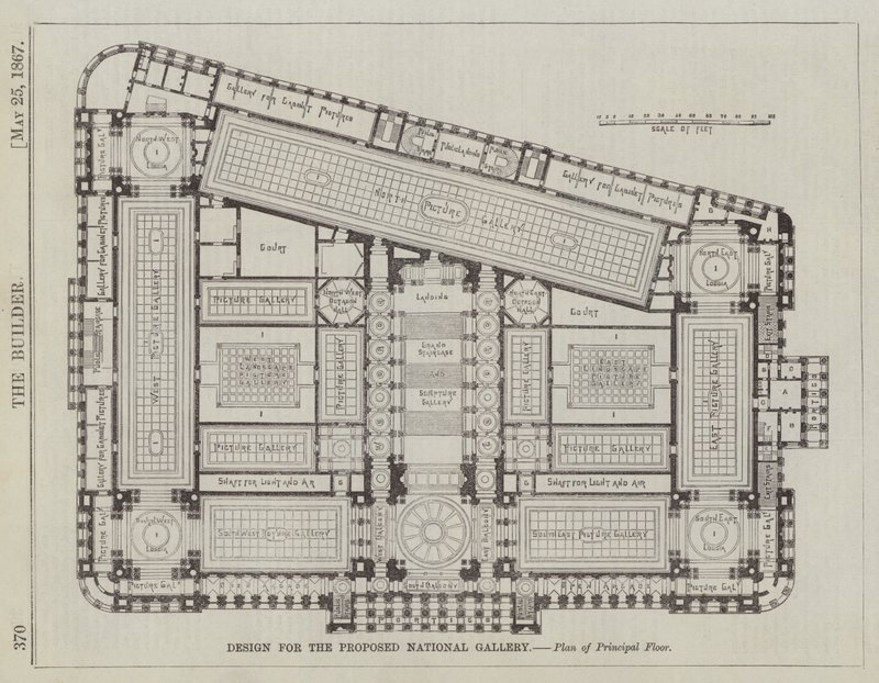 Entwurf für die vorgeschlagene Nationalgalerie, Grundriss des Hauptgeschosses (Gravur) von English School