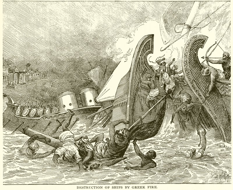Zerstörung von Schiffen durch griechisches Feuer von English School
