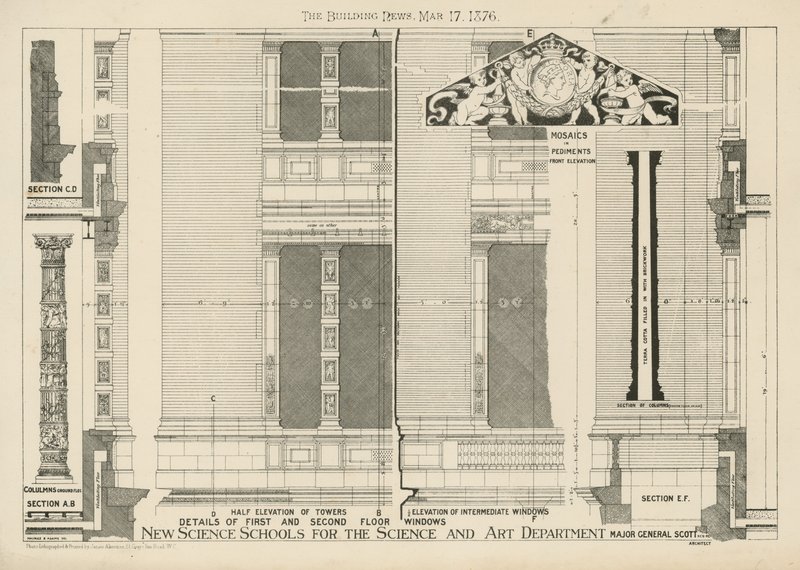 Details der Fenster im ersten und zweiten Stock der neuen Wissenschaftsschulen für die Wissenschafts- und Kunstabteilung von English School