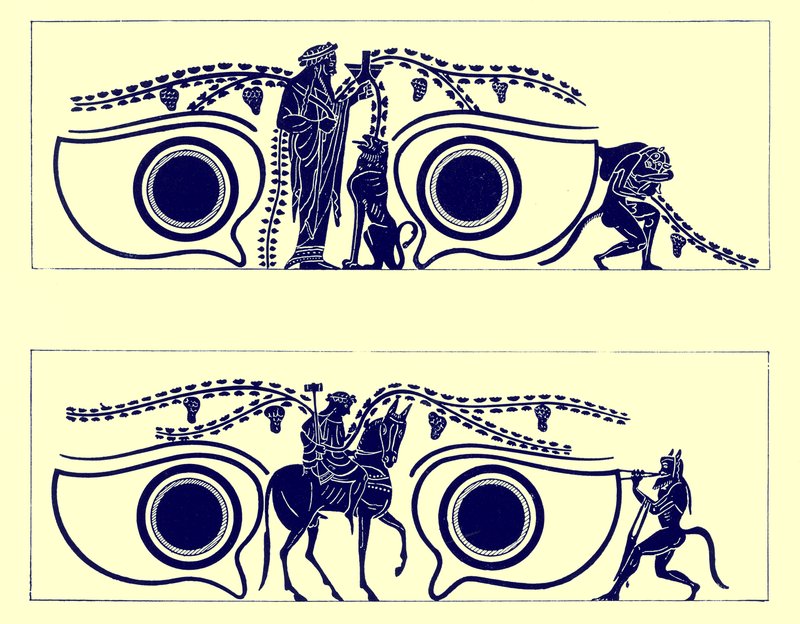 Dionysos, Hephaistos und Satyrn, Illustration aus Griechische Vasenmalereien von J. E. Harrison und D. S. MacColl, veröffentlicht 1894 von English School