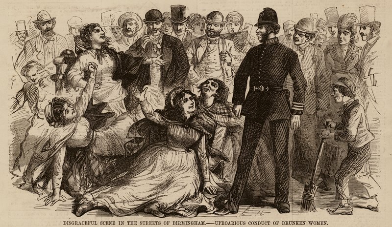Schändliche Szene in den Straßen von Birmingham, tumultartiges Verhalten betrunkener Frauen (Gravur) von English School