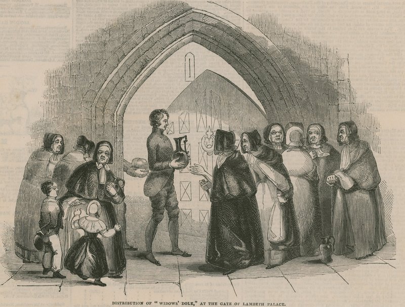 Verteilung der Witwenalmosen am Tor des Lambeth Palace von English School