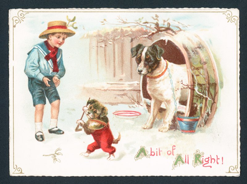 Hund, Welpe und Junge spielen im Schnee von English School