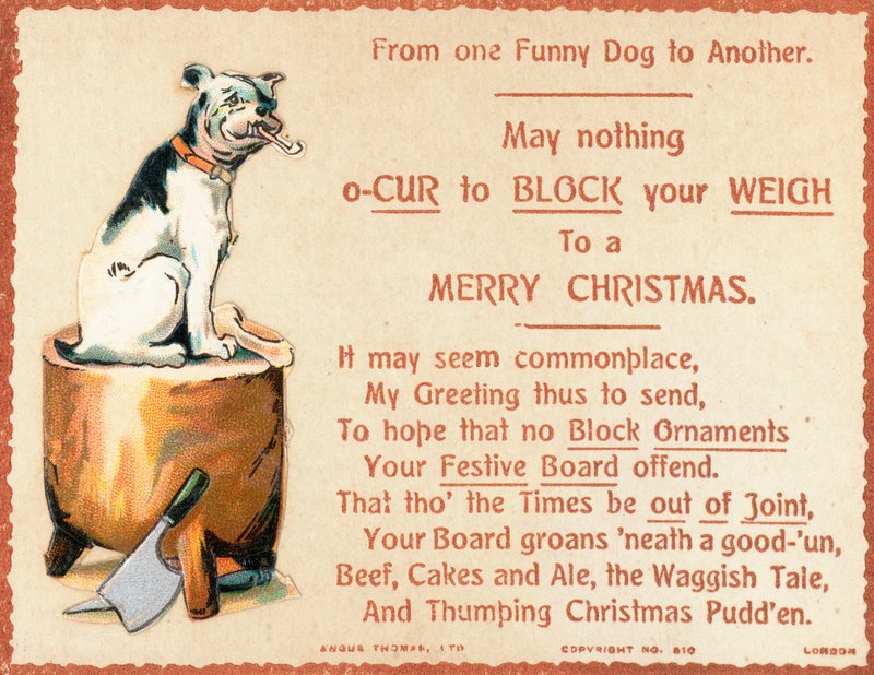 Hund sitzt auf Hackklotz, Weihnachtskarte von English School