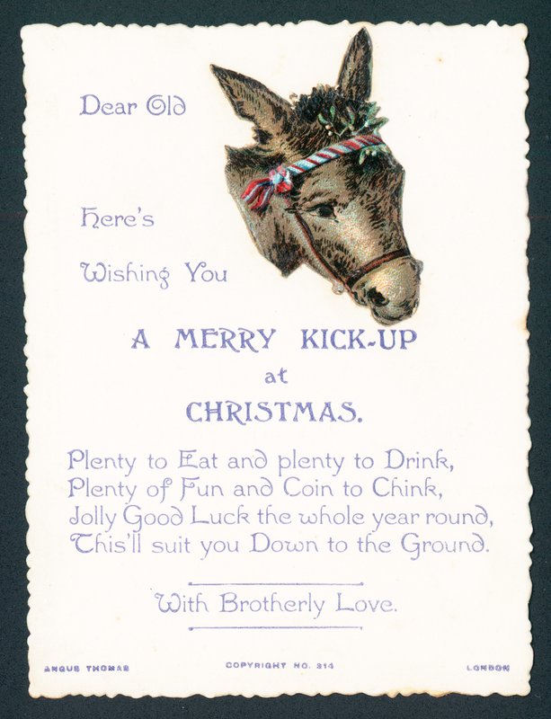 Esel mit Mistelzweig im Geschirr, Weihnachtskarte von English School