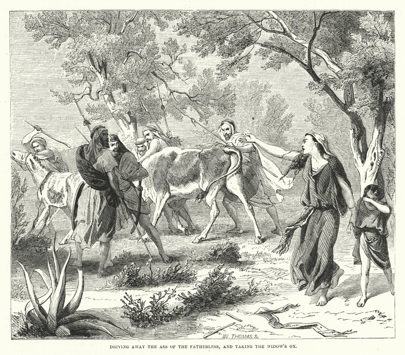 Den Esel des Waisen vertreiben und den Ochsen der Witwe nehmen (Gravur) von English School