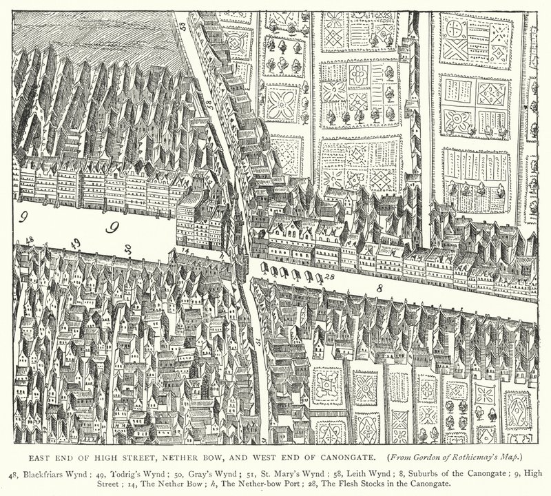 Ostende der High Street, Nether Bow, und Westende der Canongate (Stich) von English School