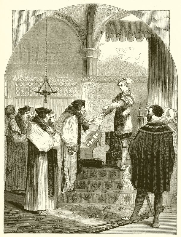 Eduard VI. überreicht den Haftbefehl für die Hinrichtung von Joan Bocher an Erzbischof Cranmer von English School