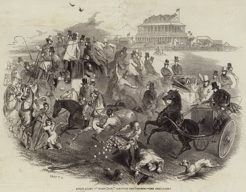 Epsom-Rennen, "Derby Day", verlassen die Rennbahn (Stich) von English School