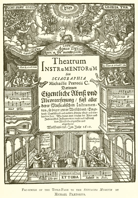 Faksimile der Titelseite des Syntagma Musicum von Michael Praetorius von English School