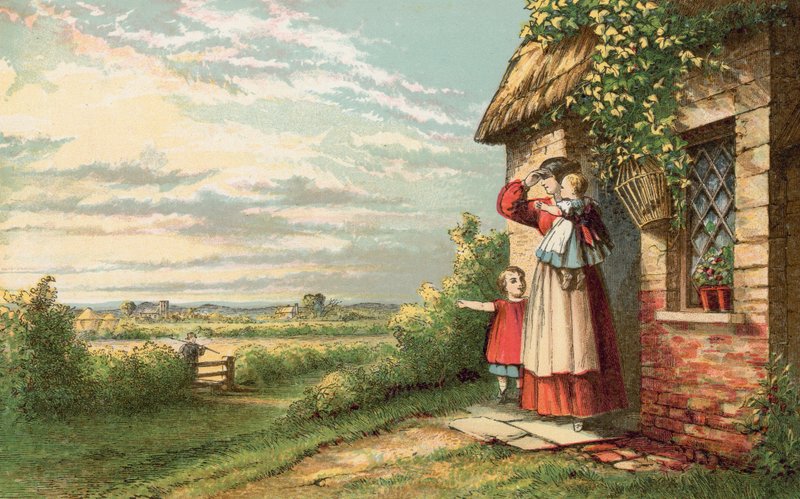 Vater kehrt von der Feldarbeit zurück von English School