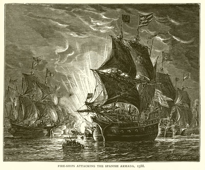 Brandschiffe greifen die spanische Armada an, 1588 von English School