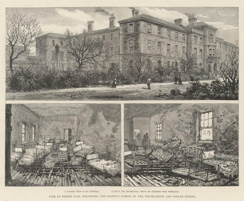 Brand in Forest Gate, Stratford, die Bezirksschule der Whitechapel und Poplar Unions von English School