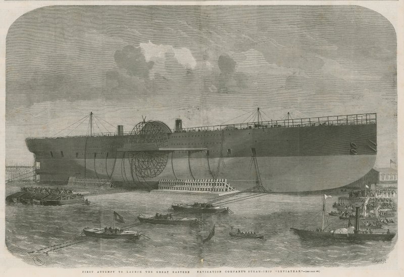 Erster Versuch, das Dampfschiff Leviathan der Great Eastern Navigation Company zu starten von English School