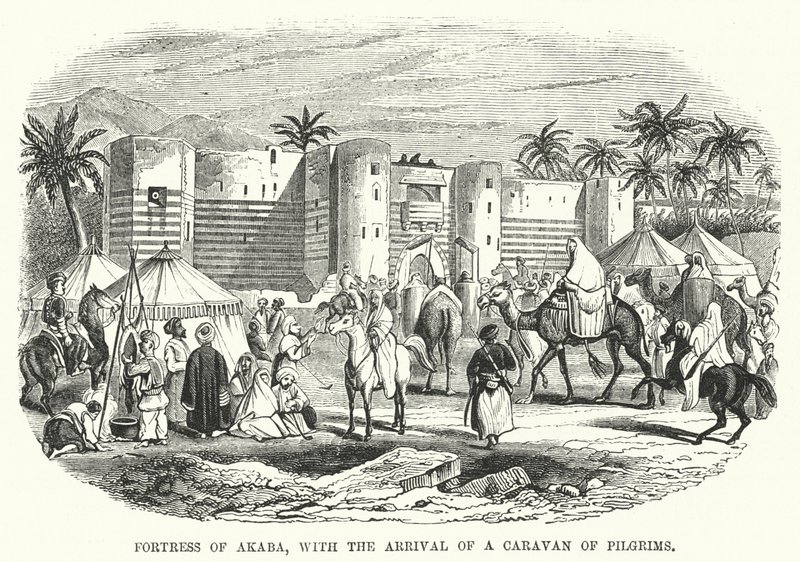 Festung von Akaba, mit der Ankunft einer Karawane von Pilgern (Gravur) von English School