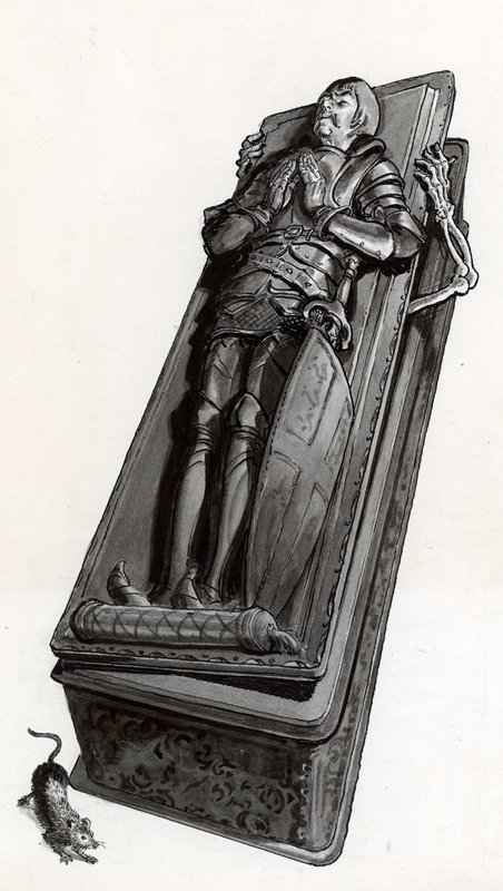 Grabdenkmal mit herauskommendem Skelett von English School