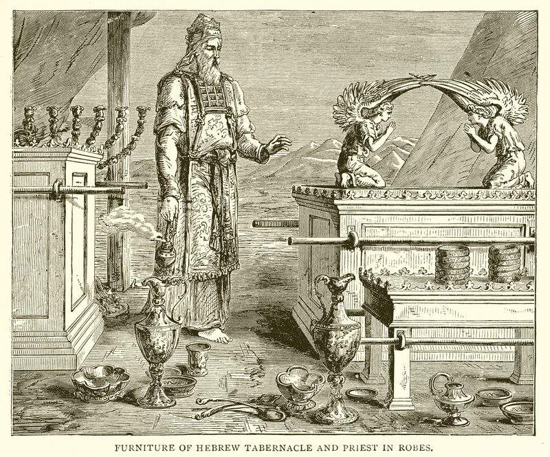 Möbel des hebräischen Tabernakels und Priester in Gewändern von English School