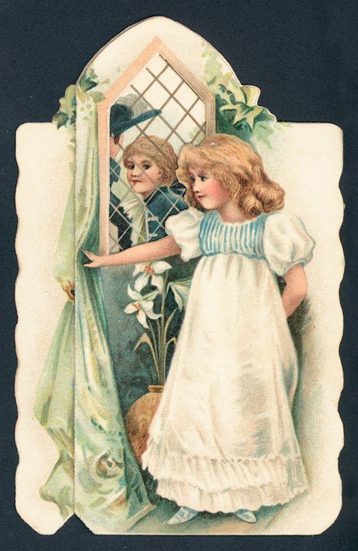 Mädchen beobachtet Jungen durch Fenster, Weihnachtskarte von English School