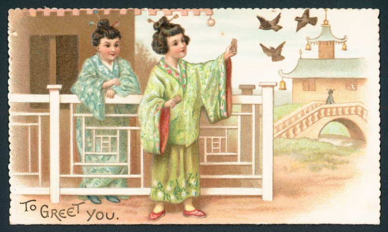 Geisha-Mädchen füttern Vögel von English School