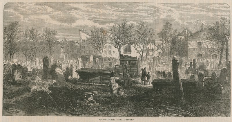 Gesamtansicht des Bunhill Fields Friedhofs von English School