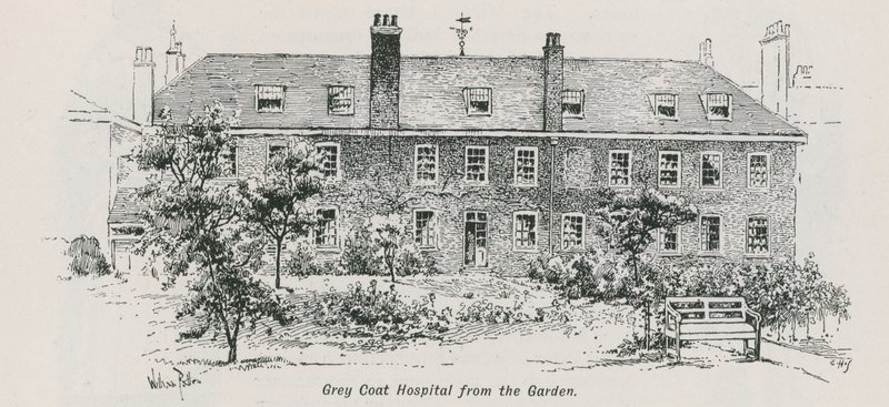Gesamtansicht des Grey Coat Hospital vom Garten aus von English School