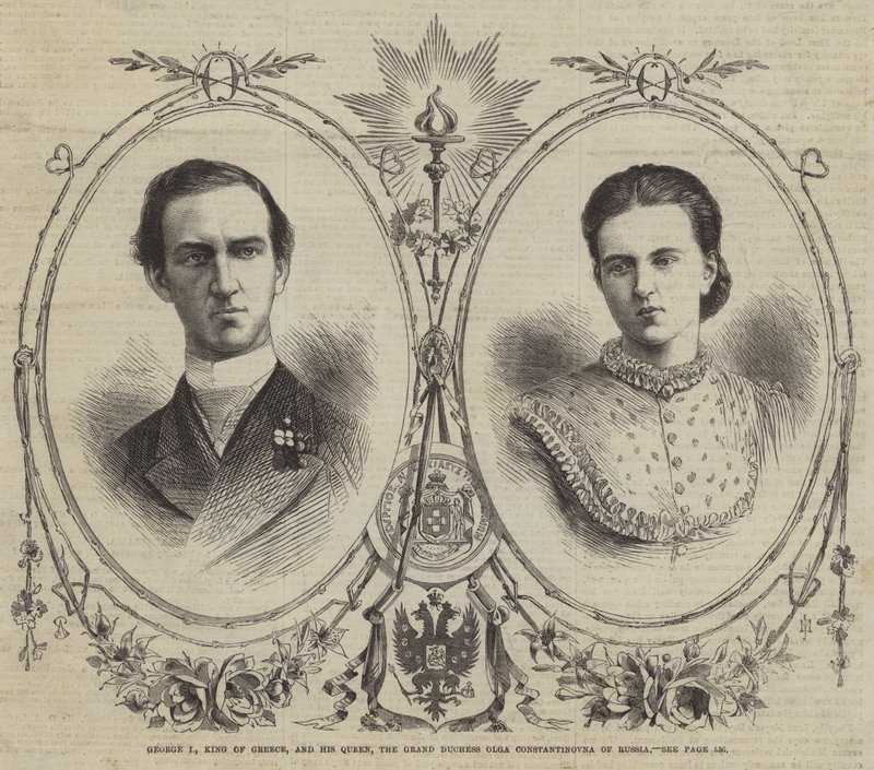 Georg I., König von Griechenland, und seine Königin, Großherzogin Olga Konstantinowna von Russland (Stich) von English School