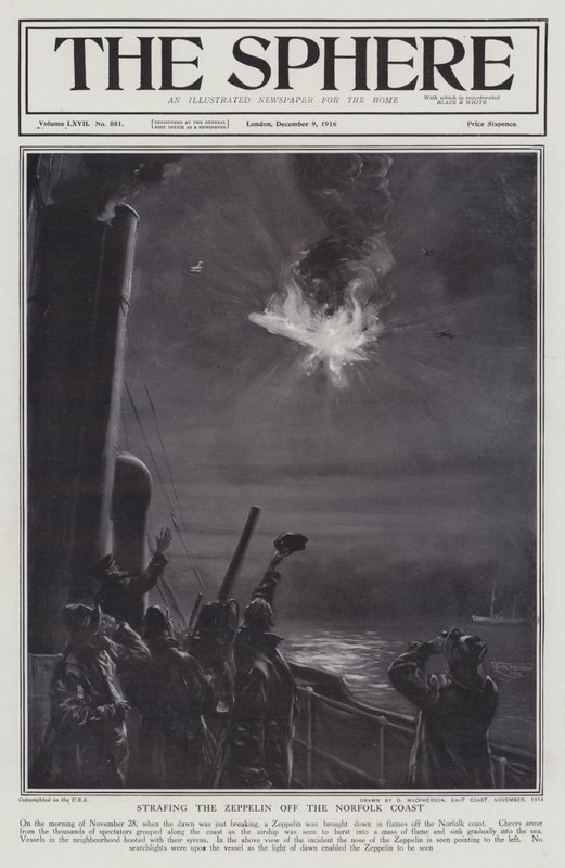 Deutsches Zeppelin-Luftschiff, das vor der Küste von Norfolk abgeschossen wurde, Erster Weltkrieg, 28. November 1916 von English School