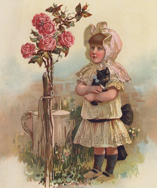 Mädchen mit einer Katze und einem Rosenbaum von English School