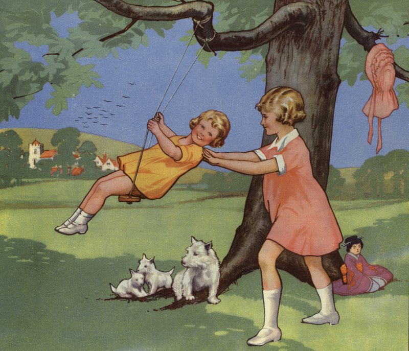 Mädchen spielen auf einer Schaukel in der englischen Landschaft von English School