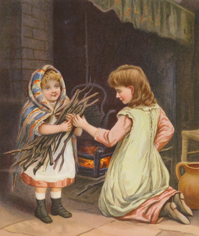 Mädchen legen Holz ins Feuer von English School