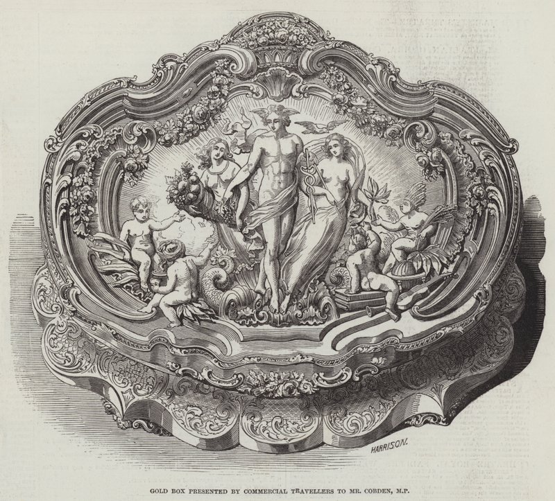 Goldene Schatulle, präsentiert von Handelsreisenden an Mr. Cobden, MP von English School
