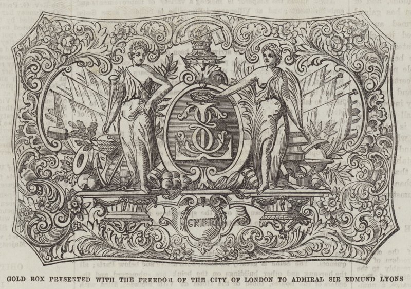 Goldene Schatulle, überreicht mit der Freiheit der Stadt London an Admiral Sir Edmund Lyons (Gravur) von English School