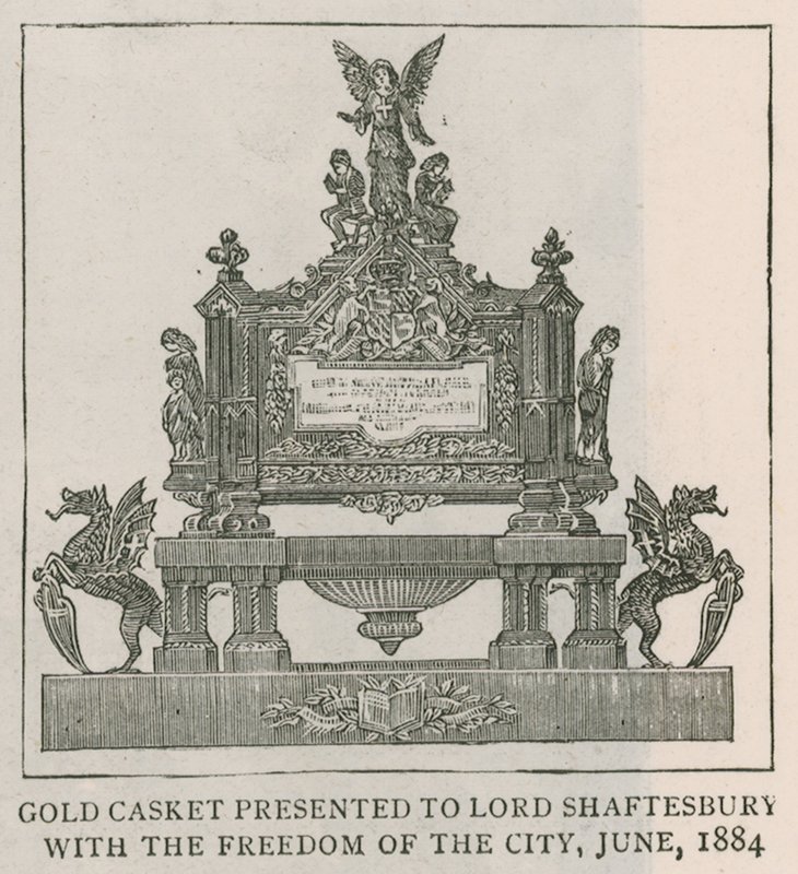 Goldene Schatulle, Lord Shaftesbury überreicht, mit der Freiheit der Stadt, Juni 1884 von English School