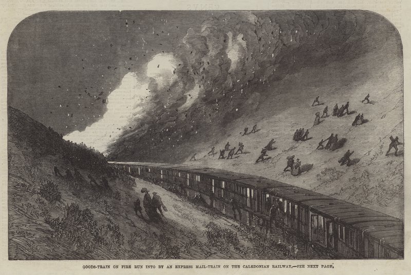 Güterzug in Brand geraten, von einem Expresszug auf der Caledonian Railway gerammt (Gravur) von English School