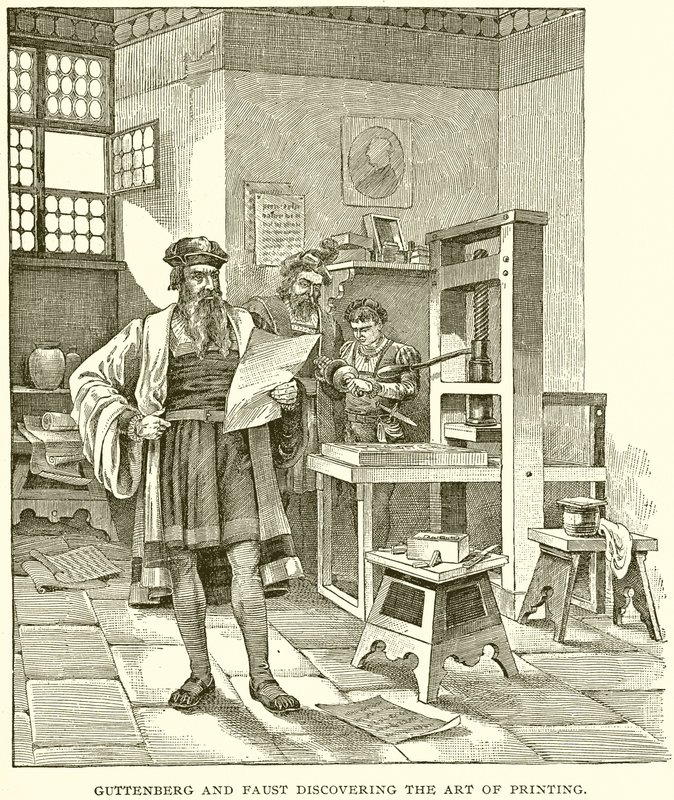 Gutenberg und Faust entdecken die Kunst des Druckens von English School
