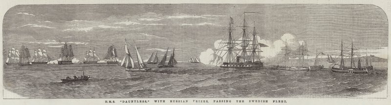 HMS „Dauntless“, mit russischen Preisen, die die schwedische Flotte passieren (Gravur) von English School