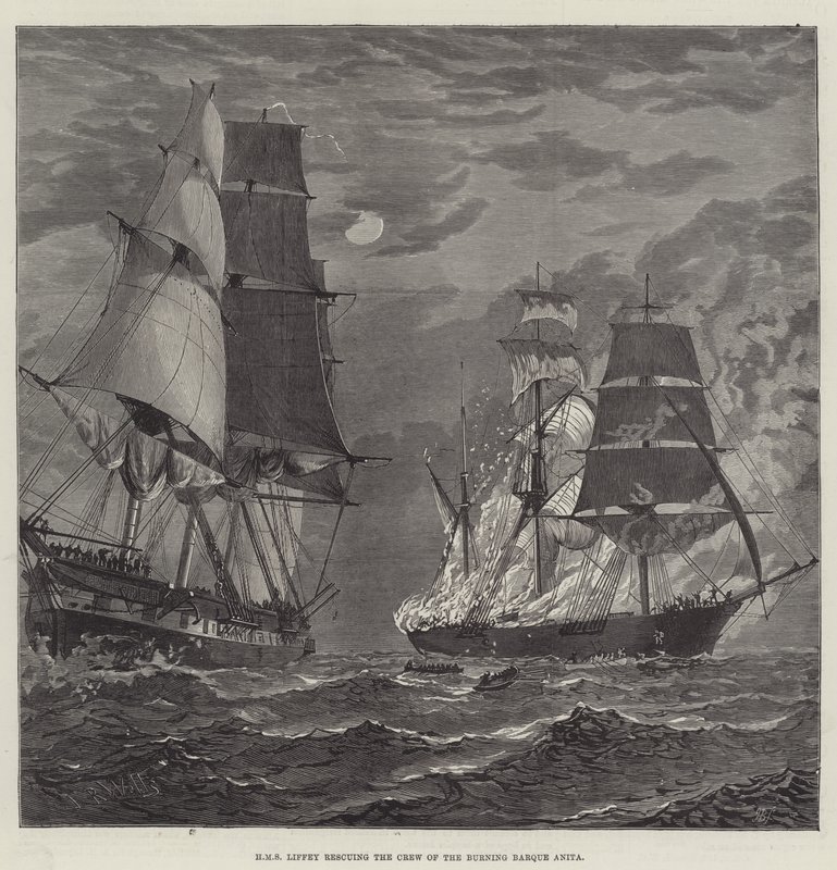 HMS Liffey rettet die Besatzung der brennenden Bark Anita (Stich) von English School