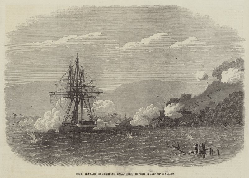 HMS Rinaldo bombardiert Salangore in der Straße von Malakka (Gravur) von English School