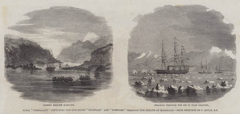 HMS "Termagant" eskortiert die Kanonenboote "Grappler" und "Forward" durch die Magellanstraße (Stich) von English School