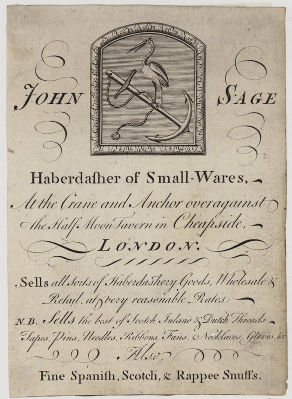 Kurzwarenhändler, John Sage, Visitenkarte von English School