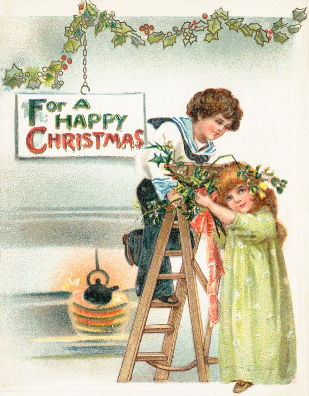 Weihnachtsschmuck aufhängen, Weihnachtskarte von English School