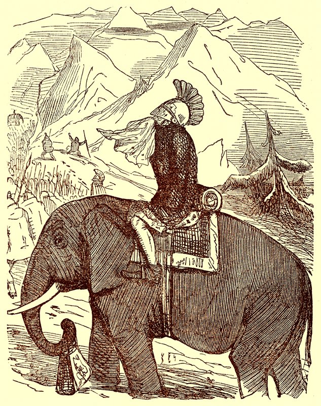 Hannibal überquert die Alpen, Illustration aus Die komische Geschichte Roms von Gilbert Abbott a Beckett, veröffentlicht um 1850 von English School